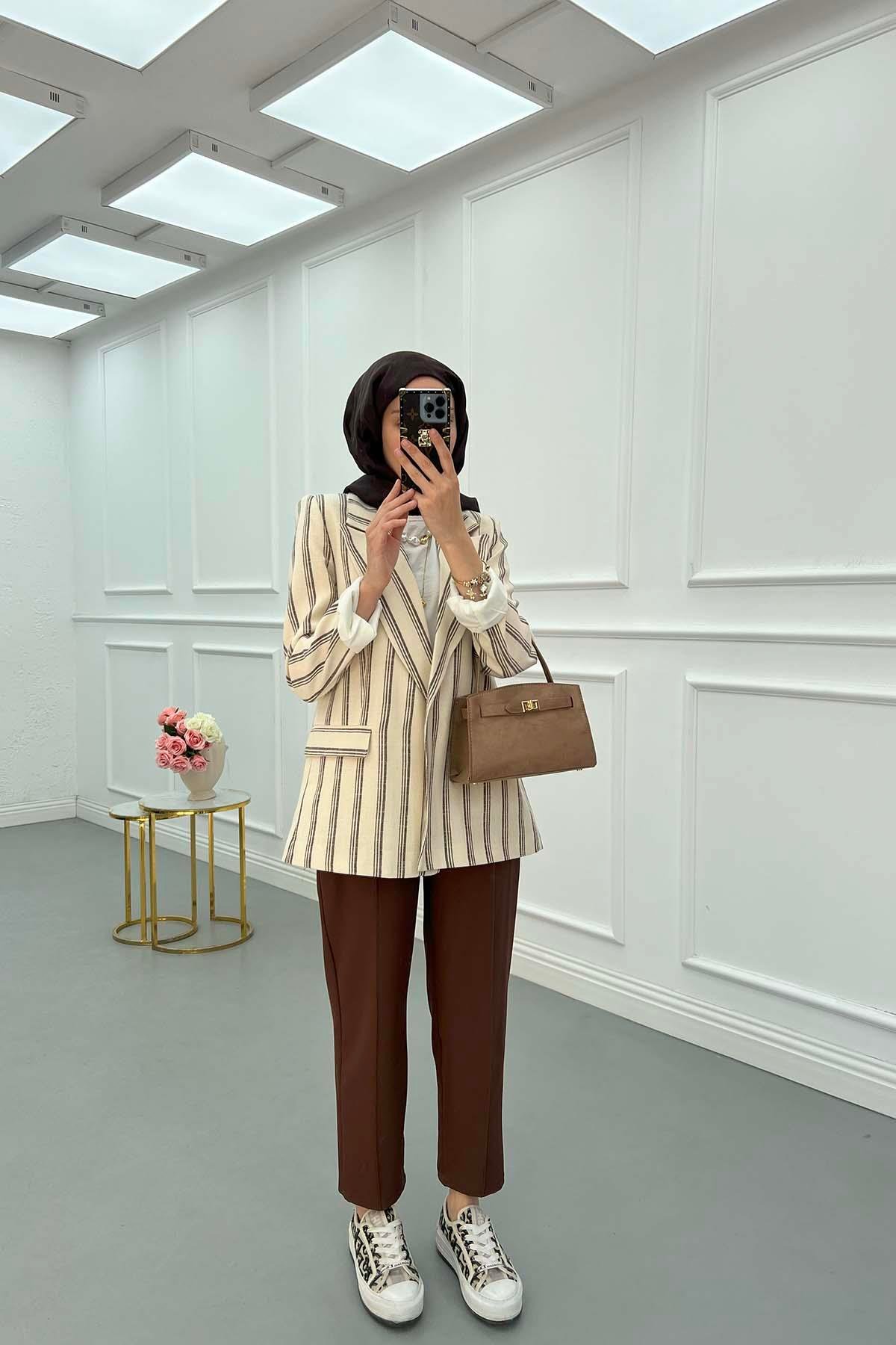 Sare Fashion Striped Linen Jacket Brown