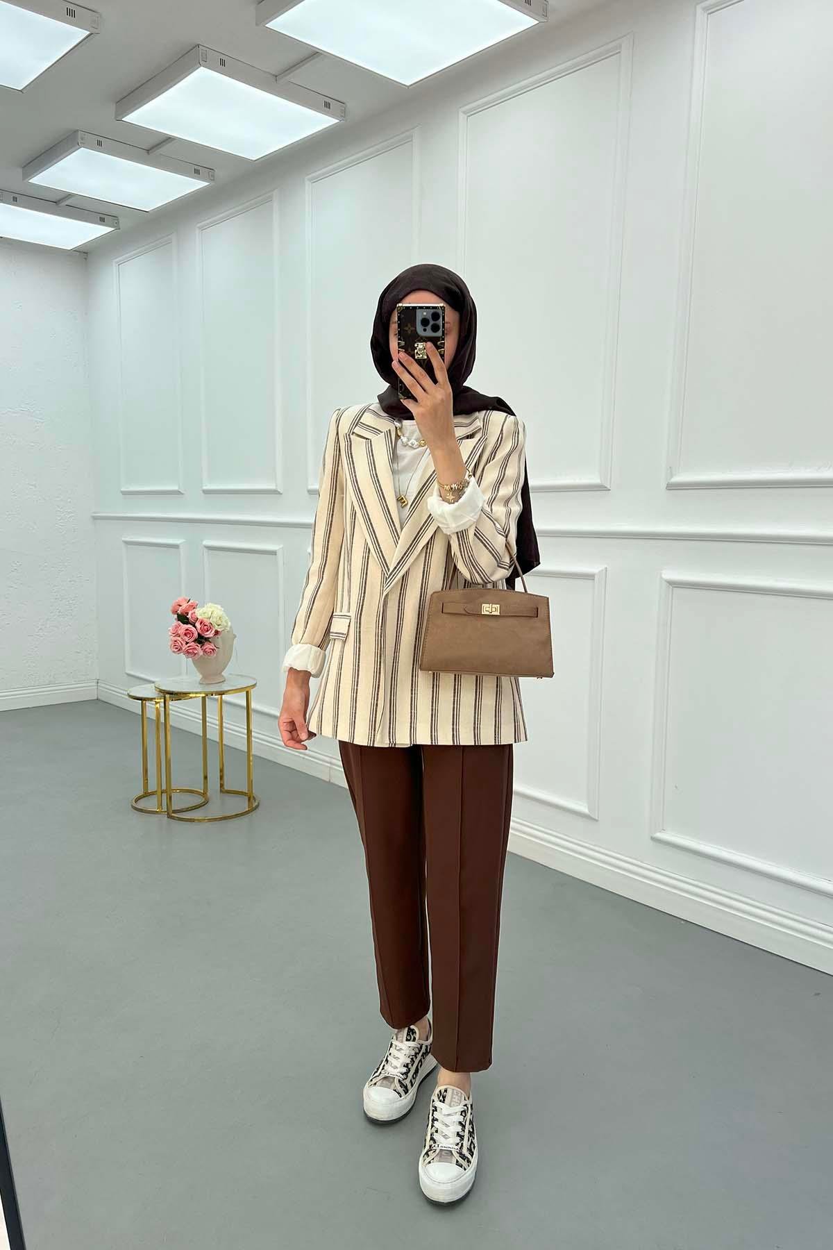 Sare Fashion Striped Linen Jacket Brown