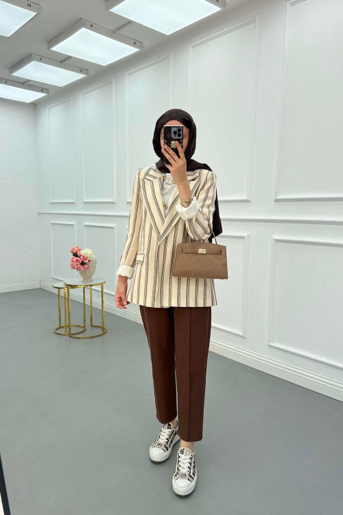 Sare Fashion Striped Linen Jacket Brown
