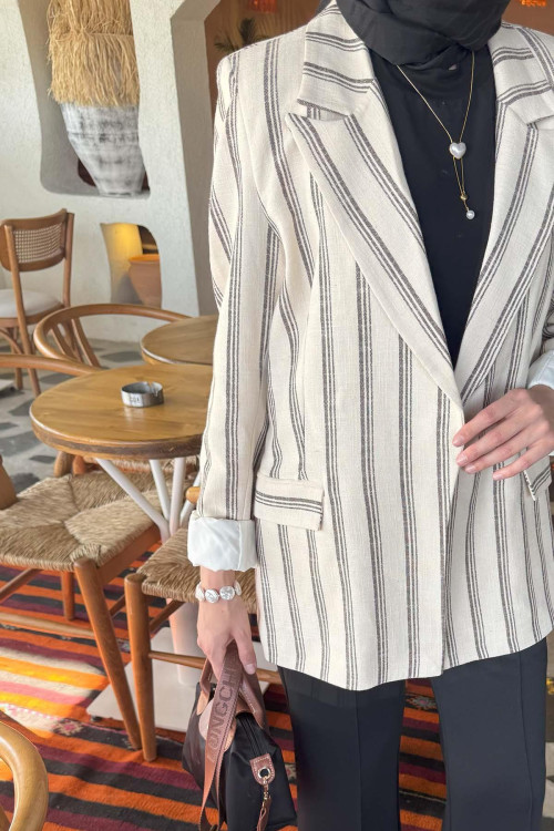 Sare Fashion Striped Linen Jacket Navy Blue