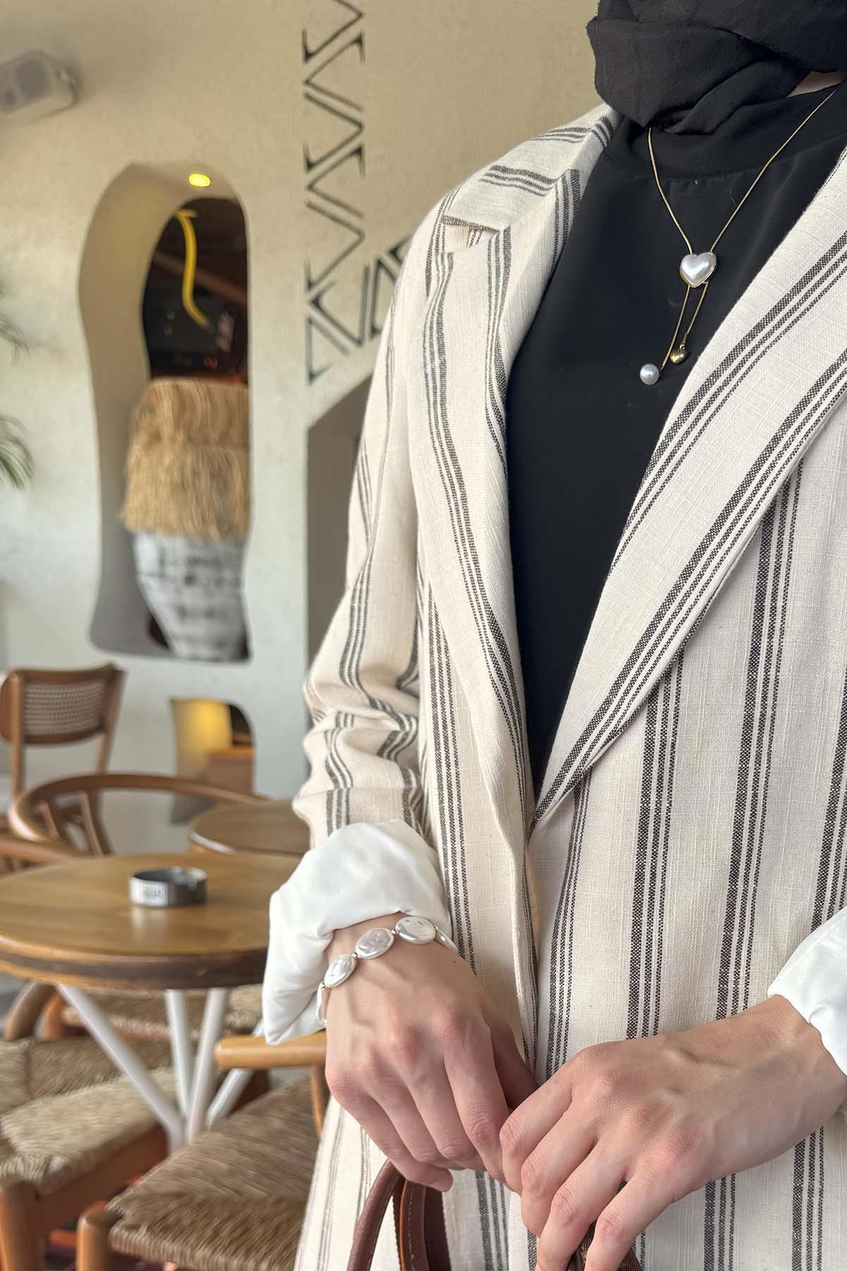 Sare Fashion Striped Linen Jacket Navy Blue