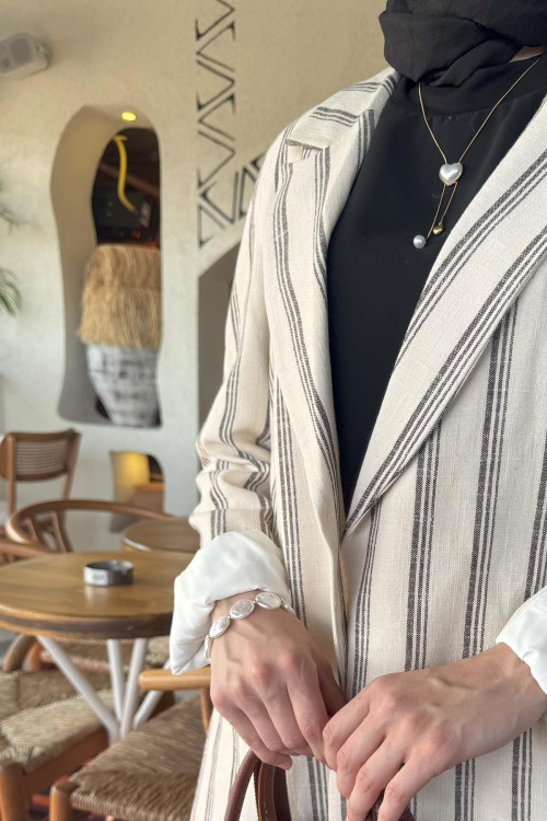 Sare Fashion Striped Linen Jacket Navy Blue