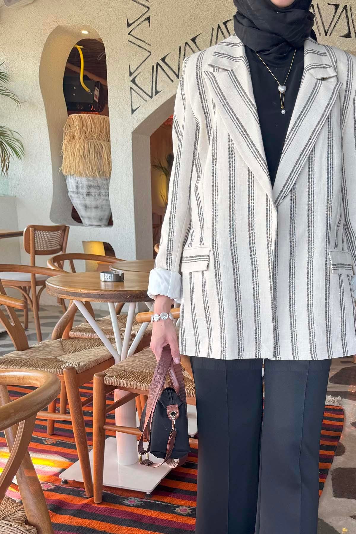 Sare Fashion Striped Linen Jacket Navy Blue