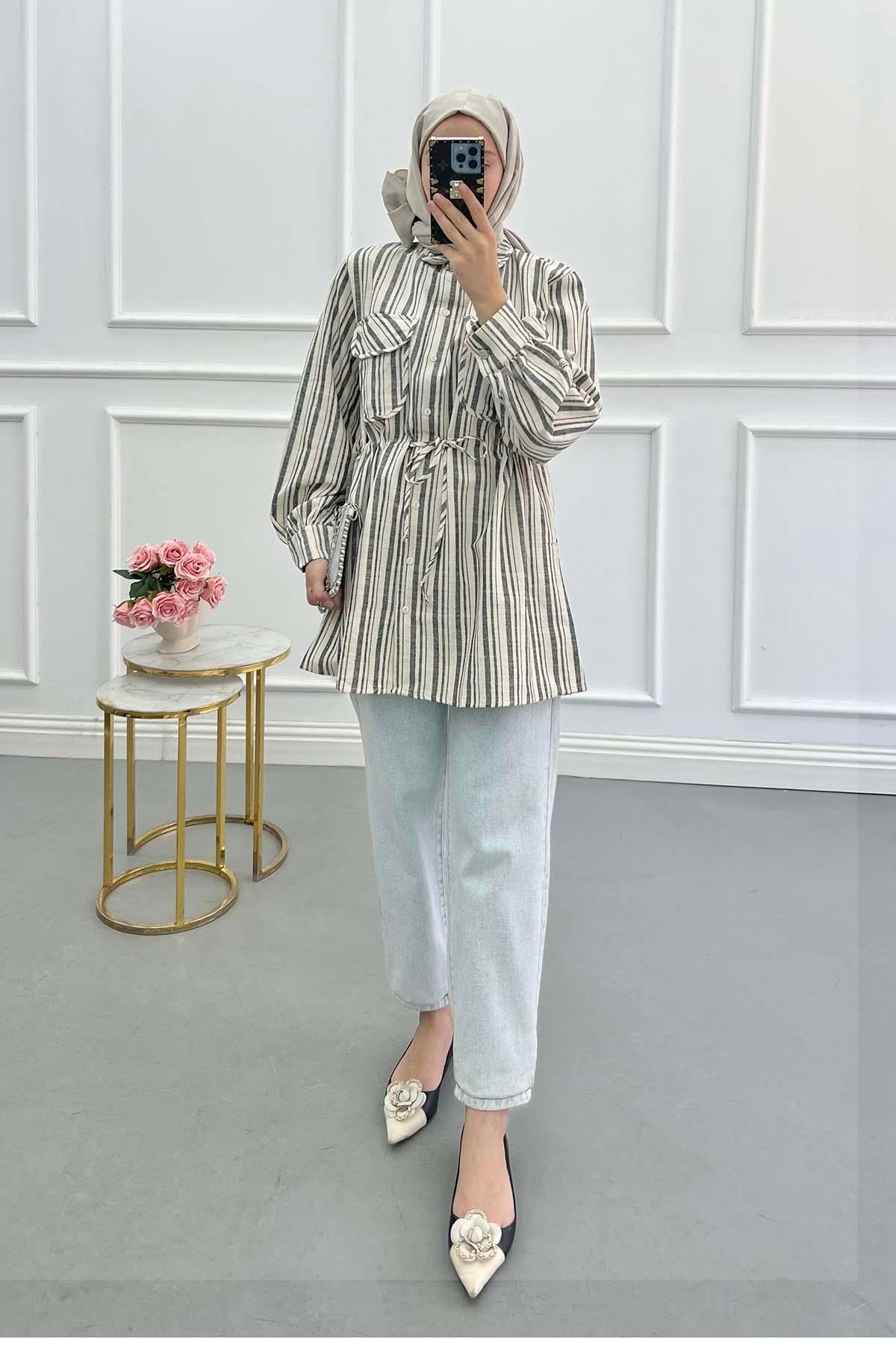 Sare Fashion Striped Linen Jacket Black