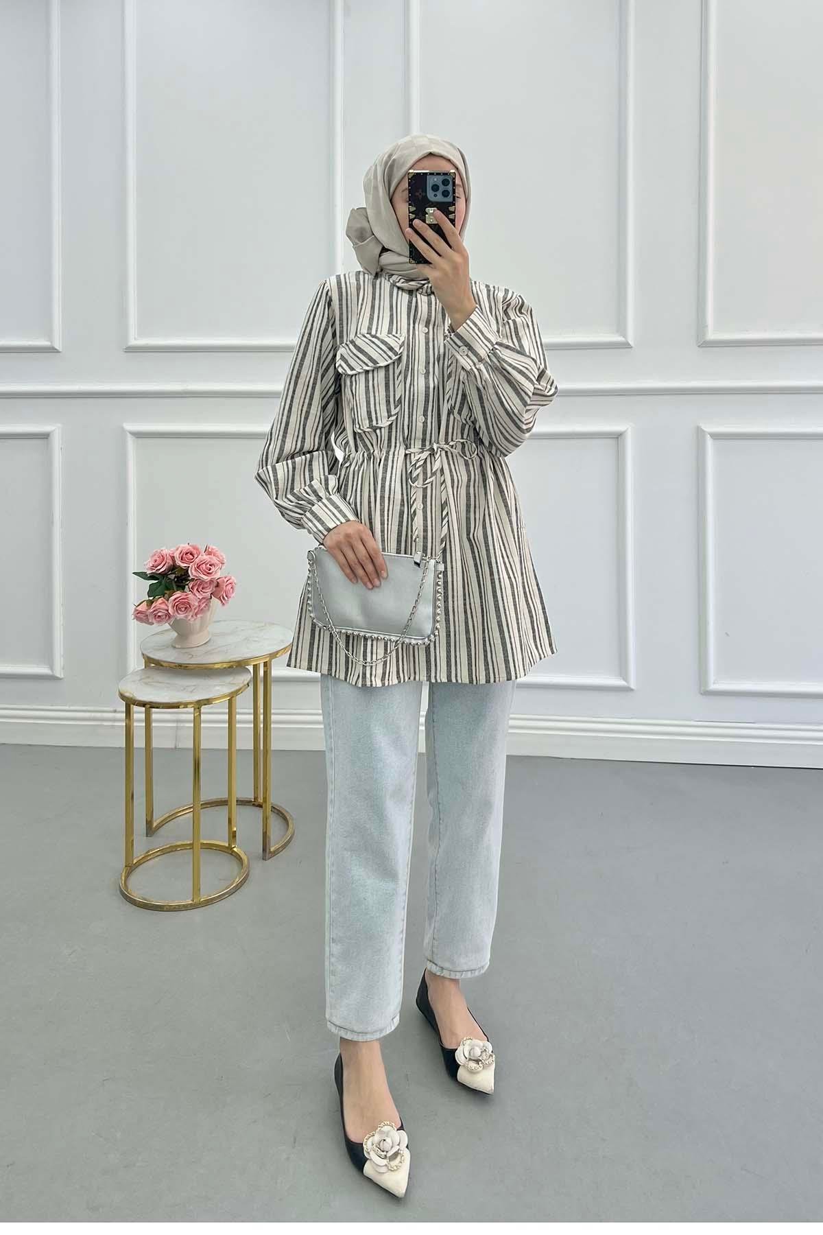 Sare Fashion Striped Linen Jacket Black