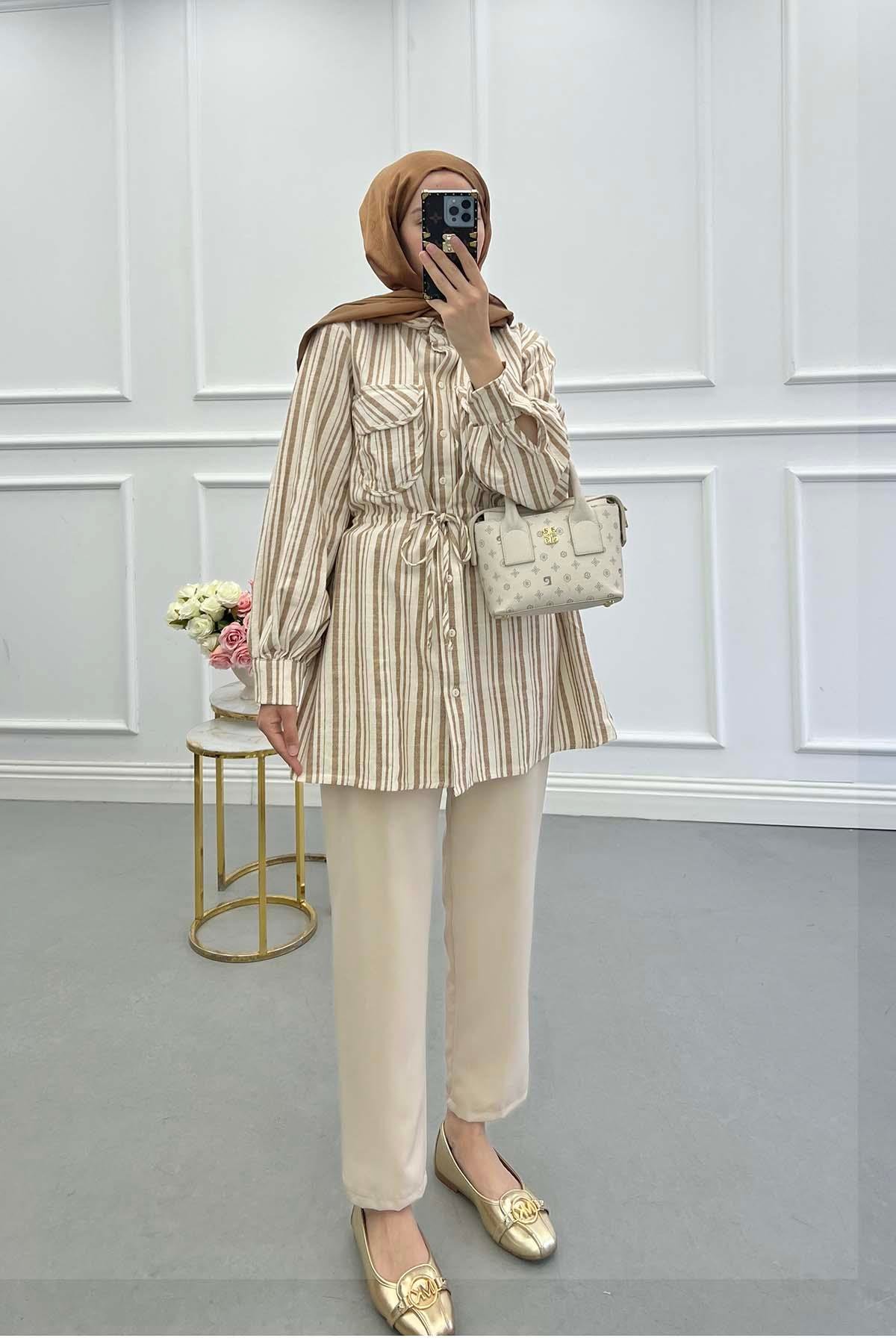 Sare Fashion Striped Linen Jacket Cinnamon