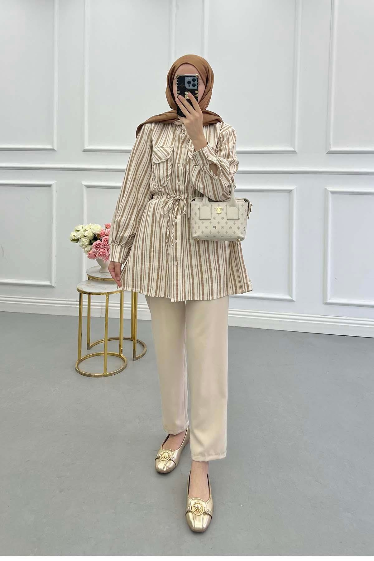 Sare Fashion Striped Linen Jacket Cinnamon