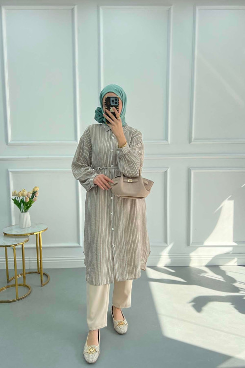 Striped Belted Tunic Beige
