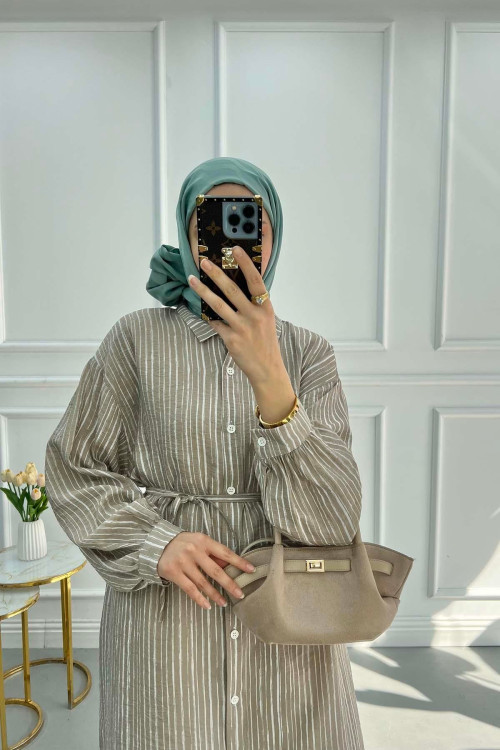 Striped Belted Tunic Beige
