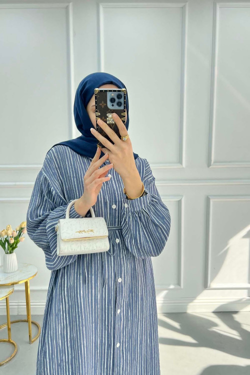 Striped Belted Tunic Navy Blue