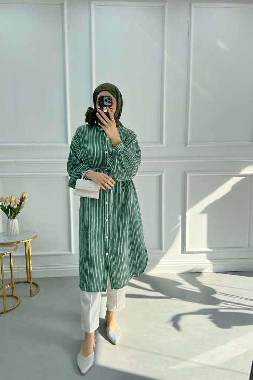 Striped Belted Tunic Green