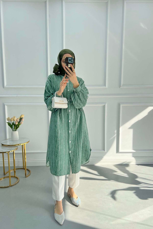 Striped Belted Tunic Green