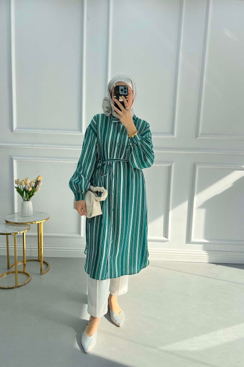 Striped Belted Tunic Emerald Green