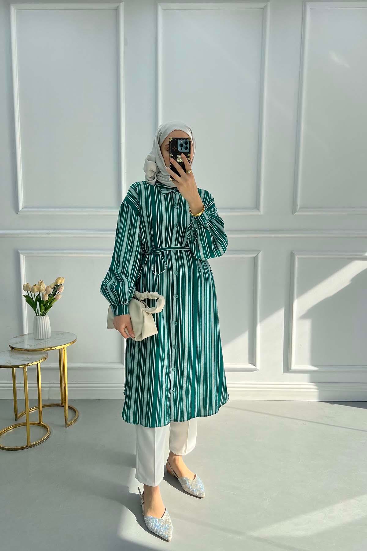 Striped Belted Tunic Emerald Green