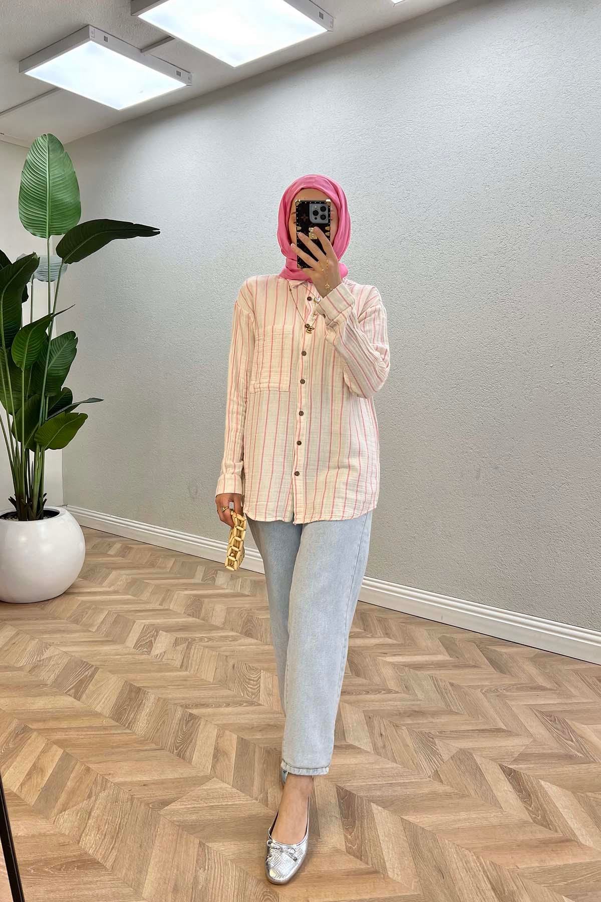 Sare Fashion Striped Muslin Shirt Pink