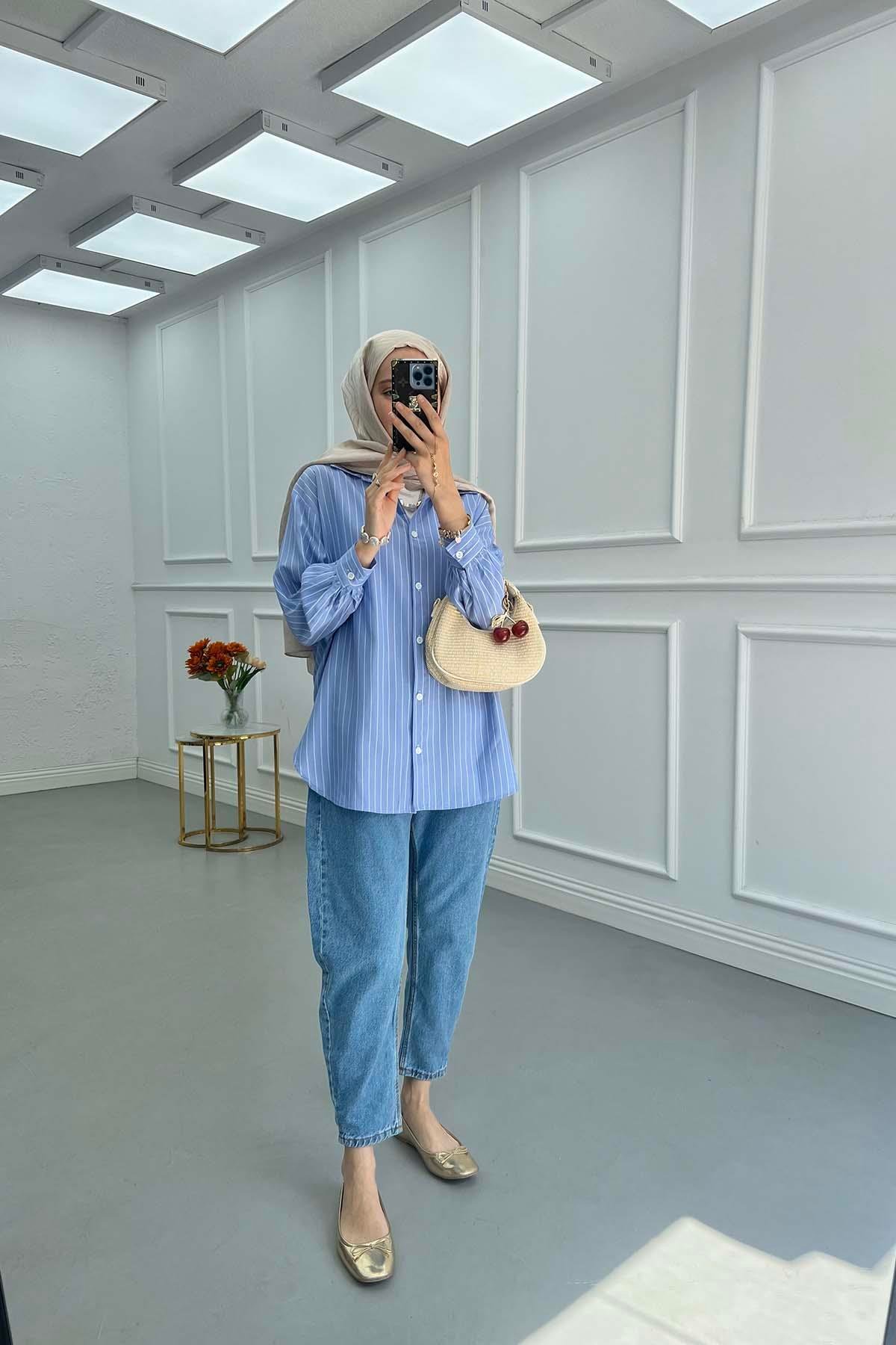 Sare Fashion Striped Oval Cut Shirt Blue