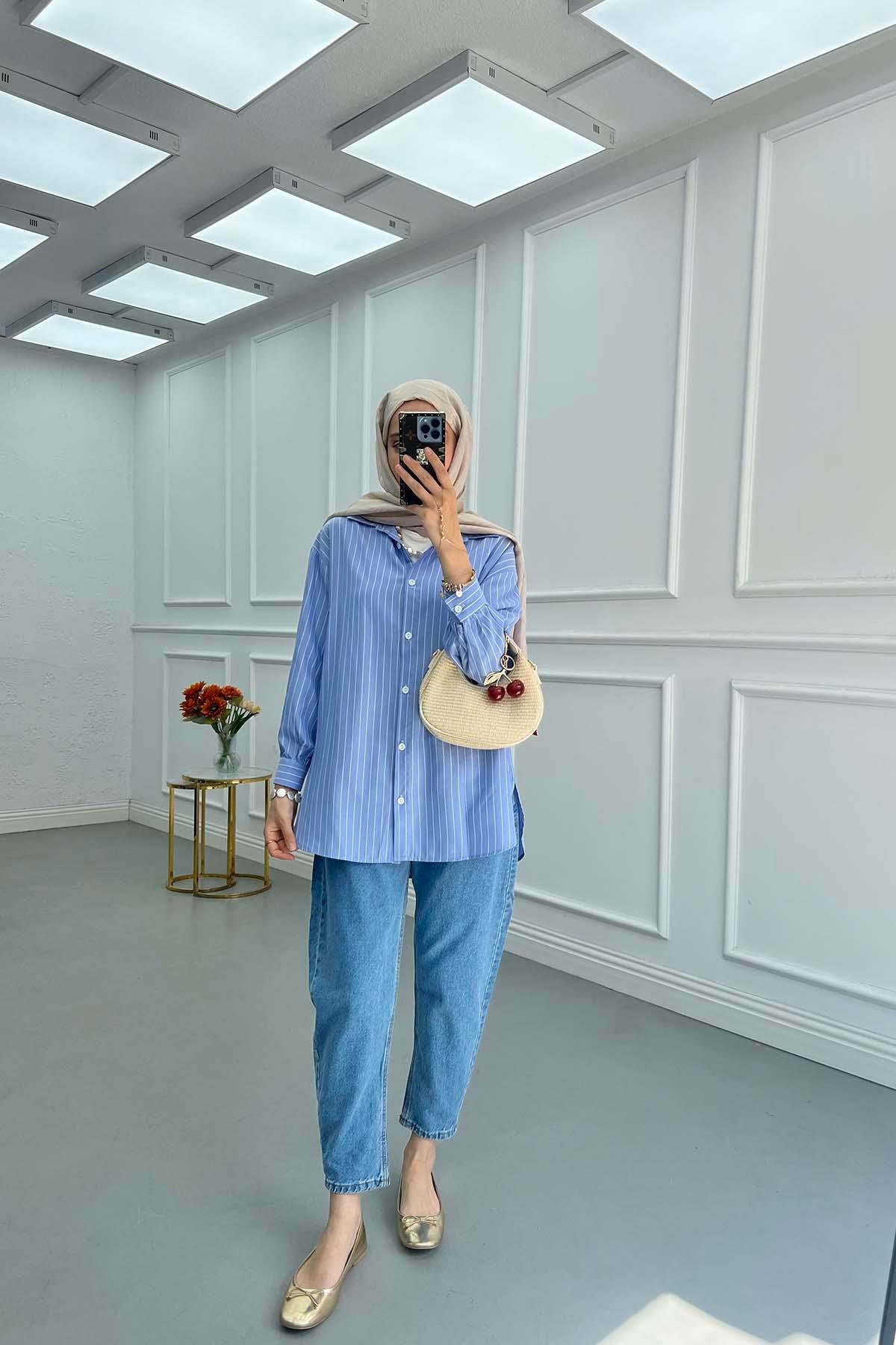 Sare Fashion Striped Oval Cut Shirt Blue