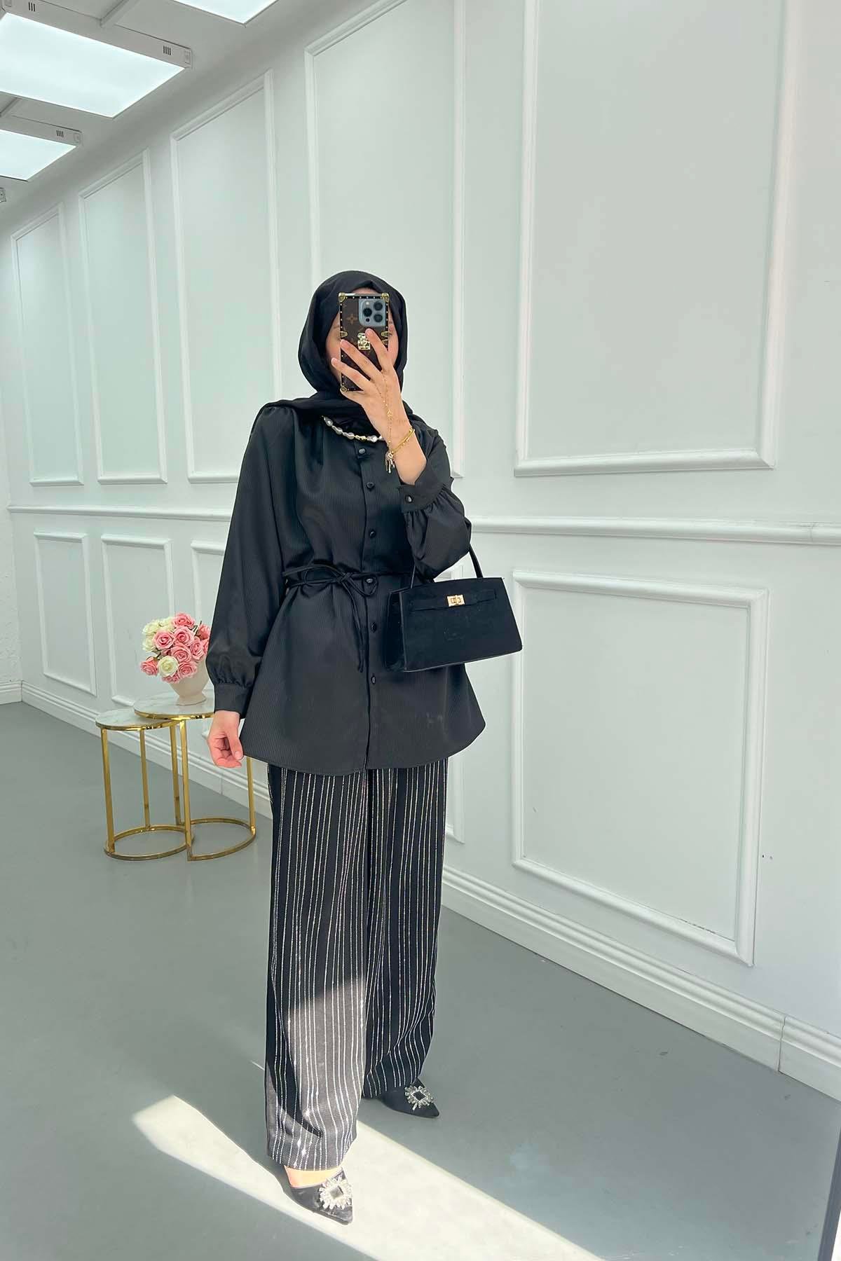 Sare Fashion Striped Satin Shirt Black