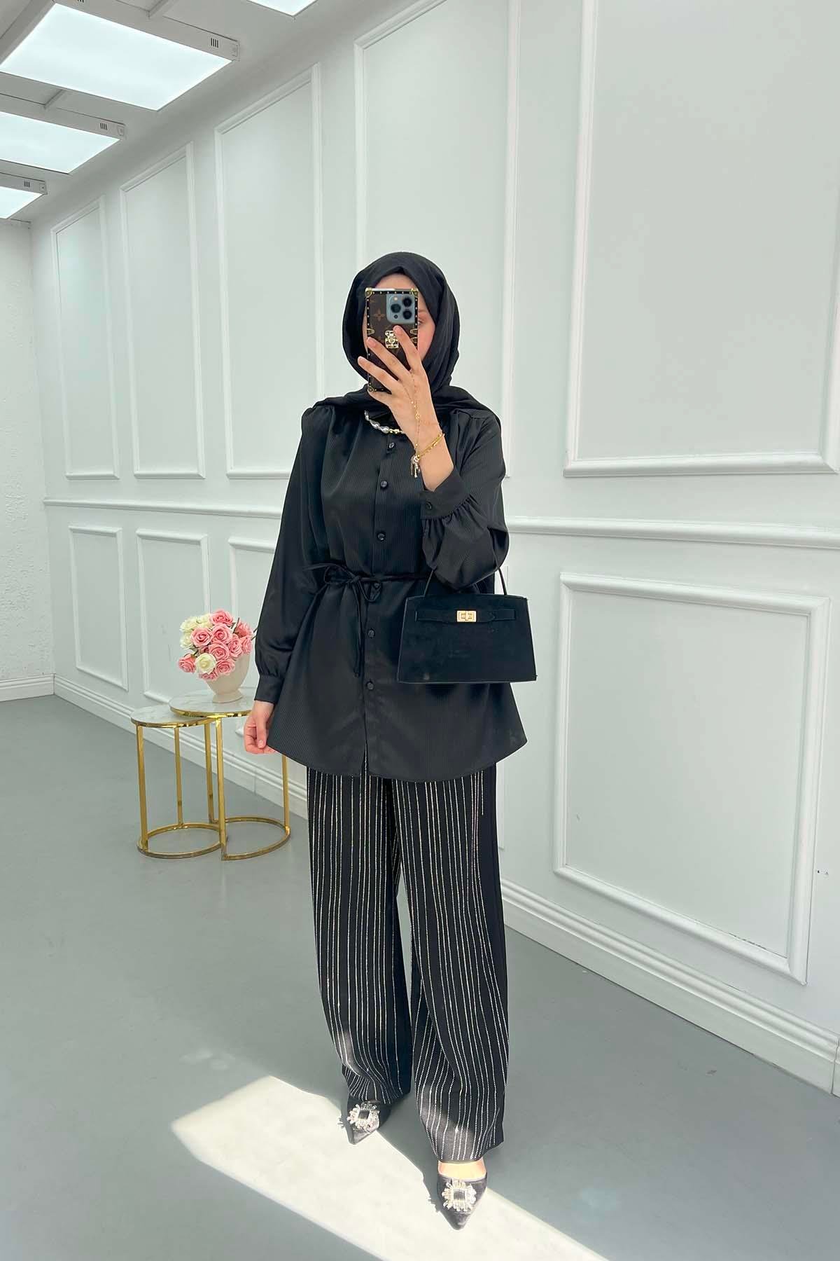 Sare Fashion Striped Satin Shirt Black