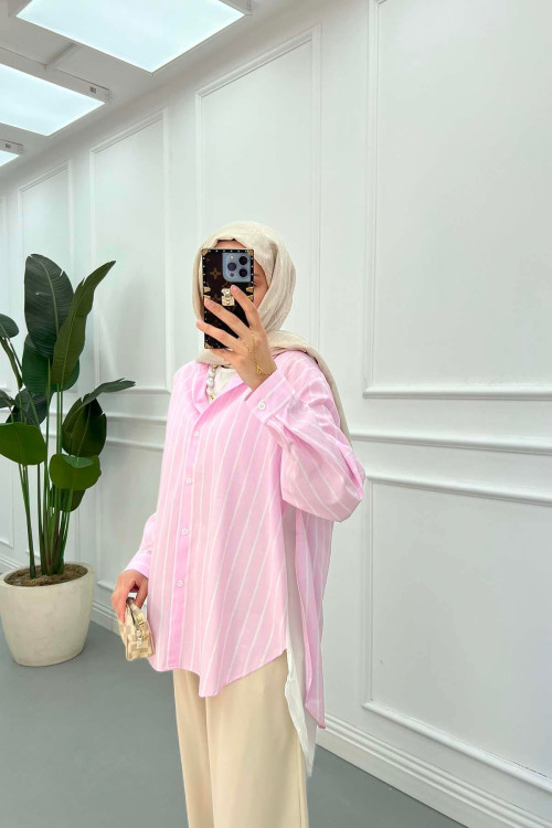 Sare Fashion Striped Back Slit Shirt Pink