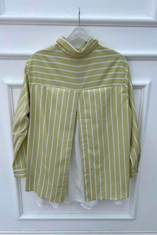 Sare Fashion Striped Back Slit Shirt Oil Green