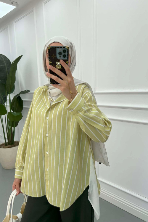 Sare Fashion Striped Back Slit Shirt Oil Green