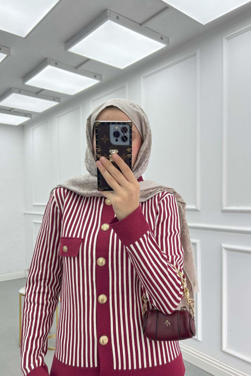 Sare Fashion Striped Knitwear Skirt Suit Burgundy