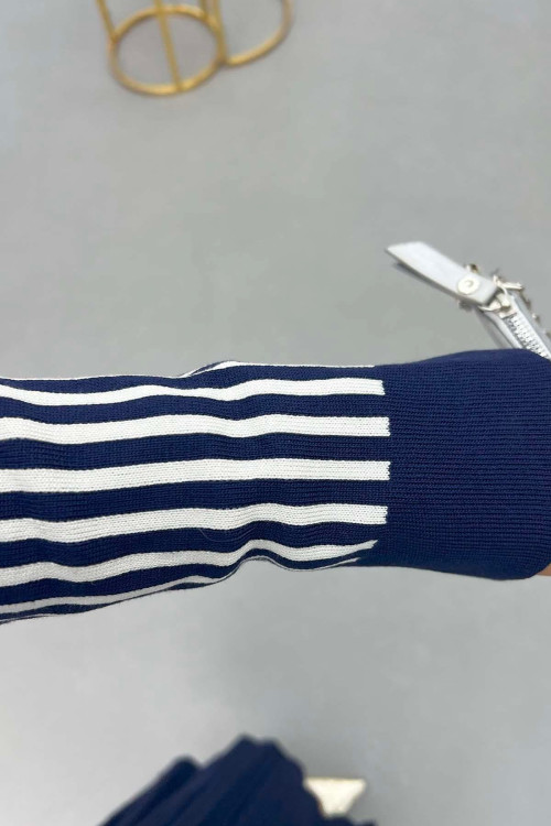 Sare Fashion Striped Knit Skirt Suit Navy Blue