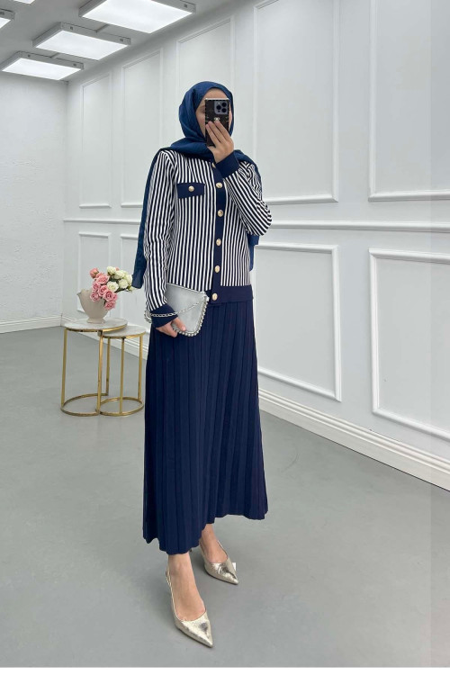 Sare Fashion Striped Knit Skirt Suit Navy Blue