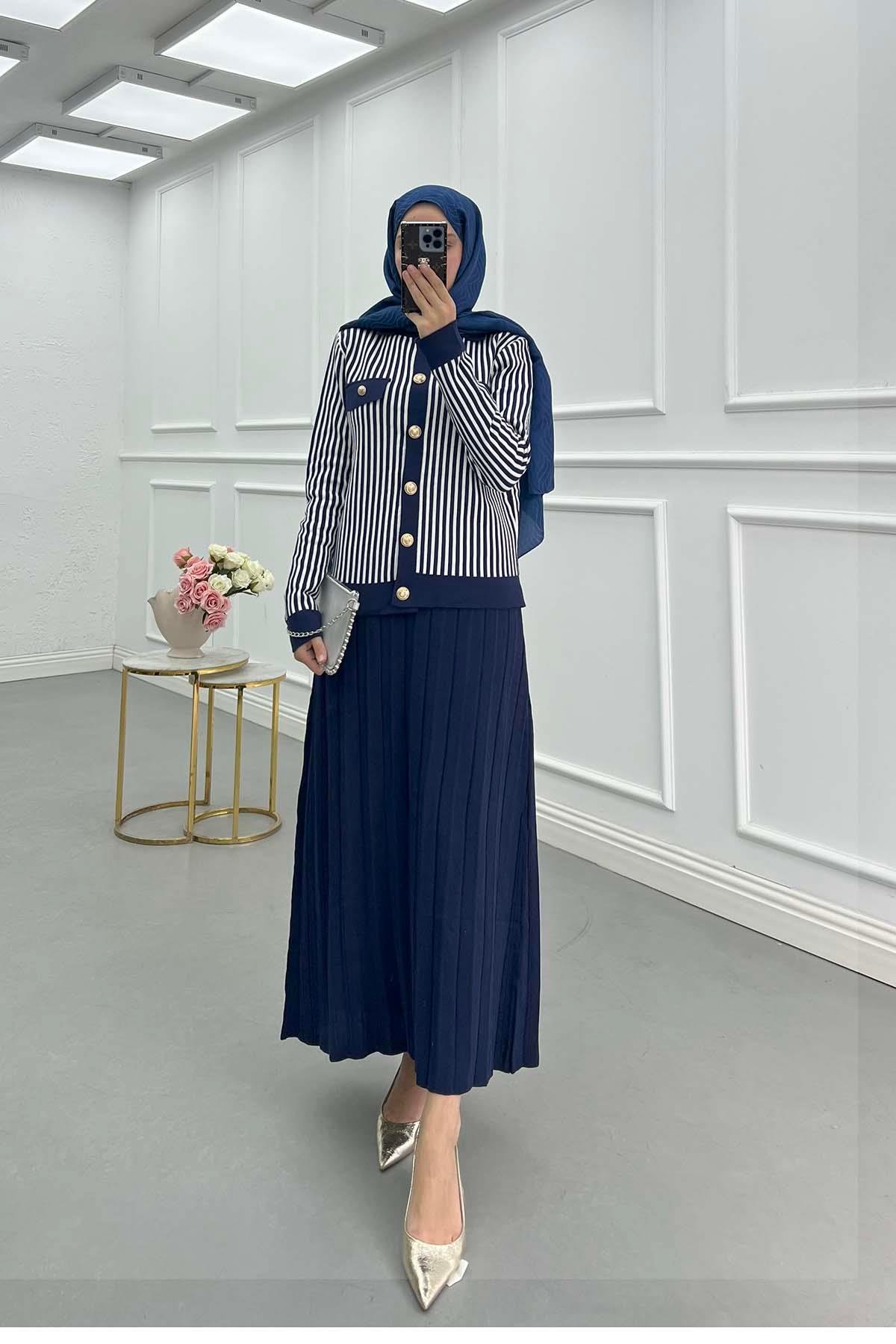 Sare Fashion Striped Knit Skirt Suit Navy Blue
