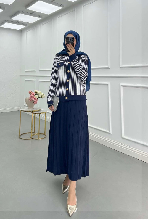 Sare Fashion Striped Knit Skirt Suit Navy Blue