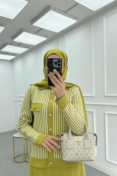 Sare Fashion Striped Knitwear Skirt Suit Oil Green