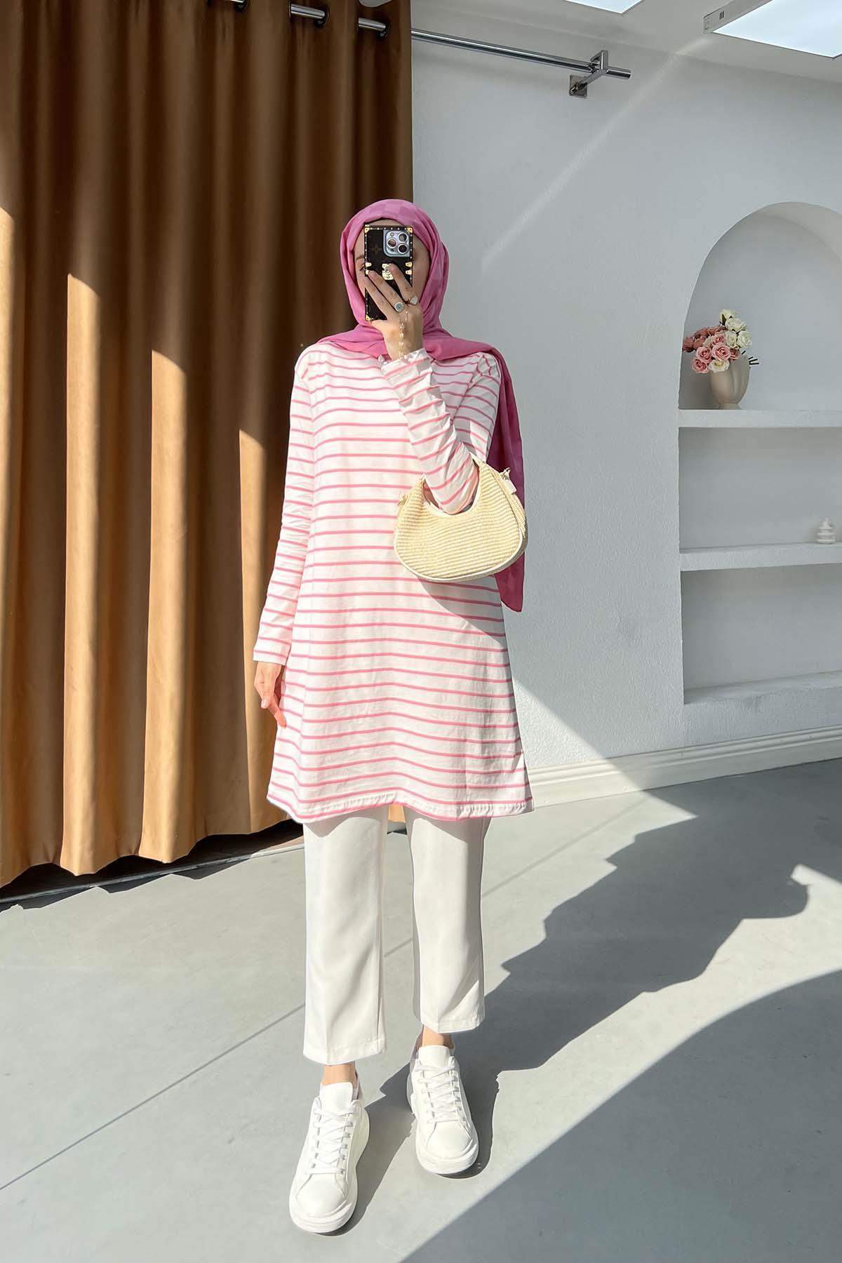 Sare Fashion Striped Viscose Tunic Pink