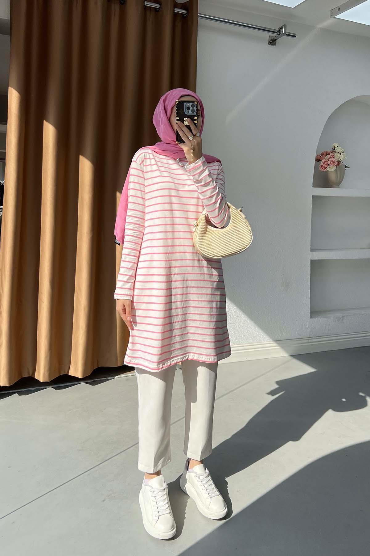 Sare Fashion Striped Viscose Tunic Pink