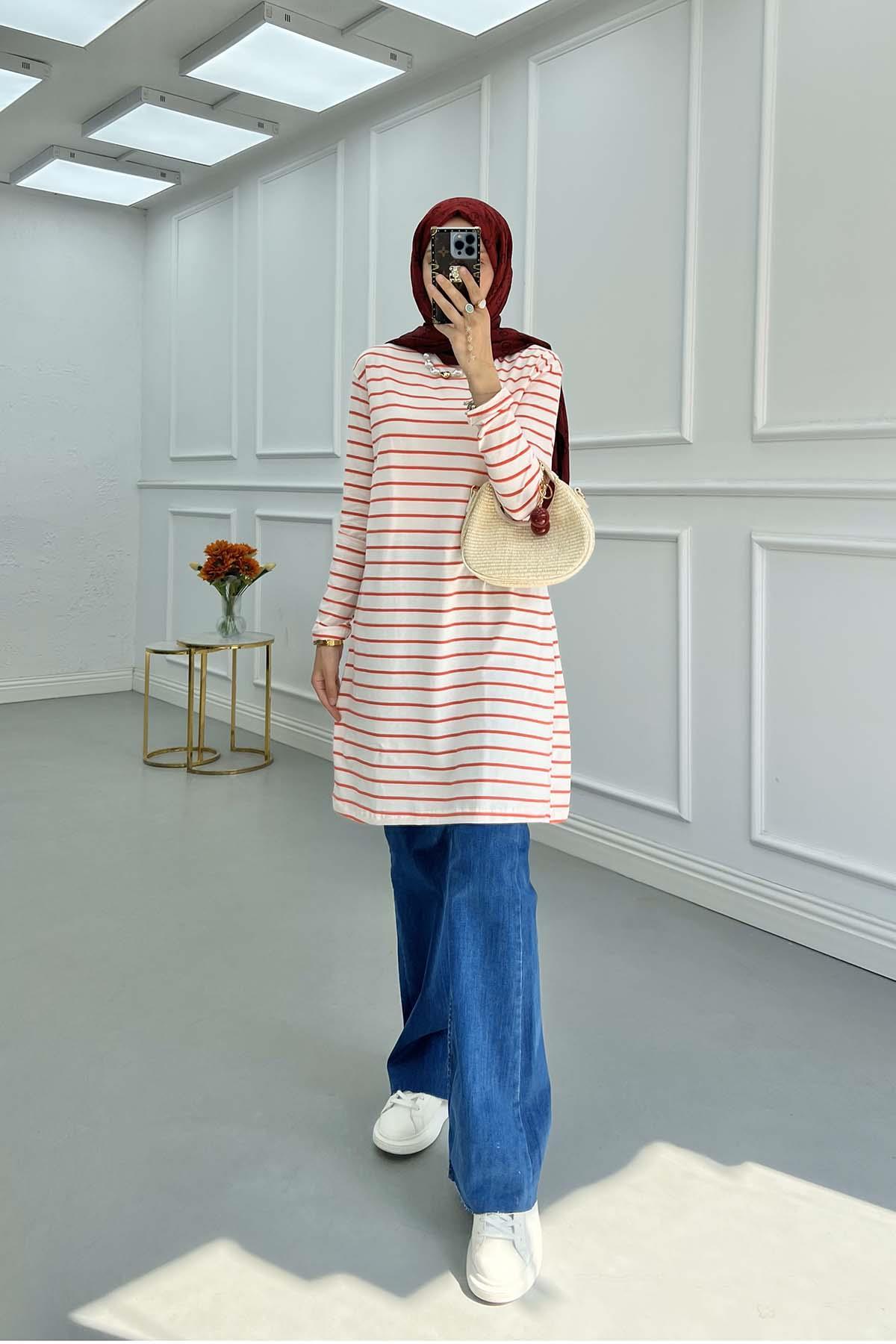 Sare Fashion Striped Viscose Tunic Orange