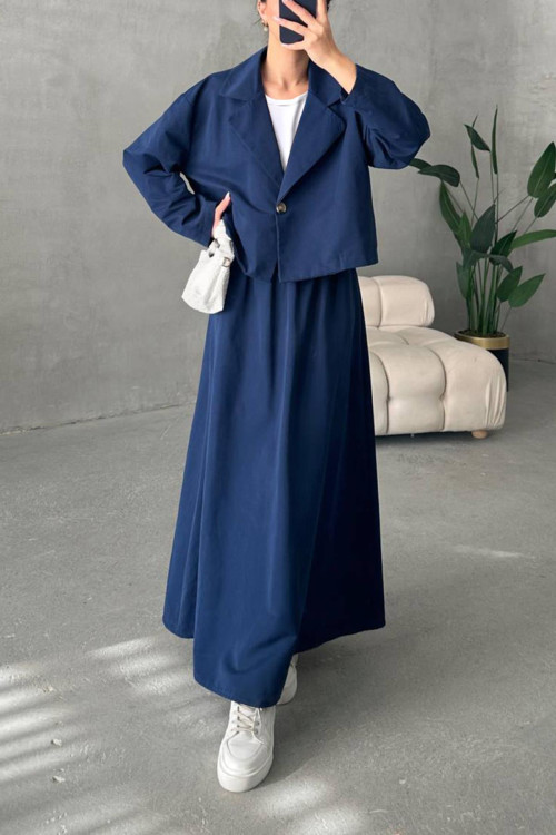 Crop Jacket Skirt Suit Navy Blue