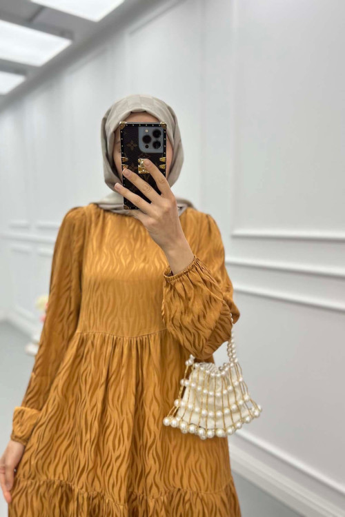 Sare Fashion Wave Pattern Jacquard Dress Camel