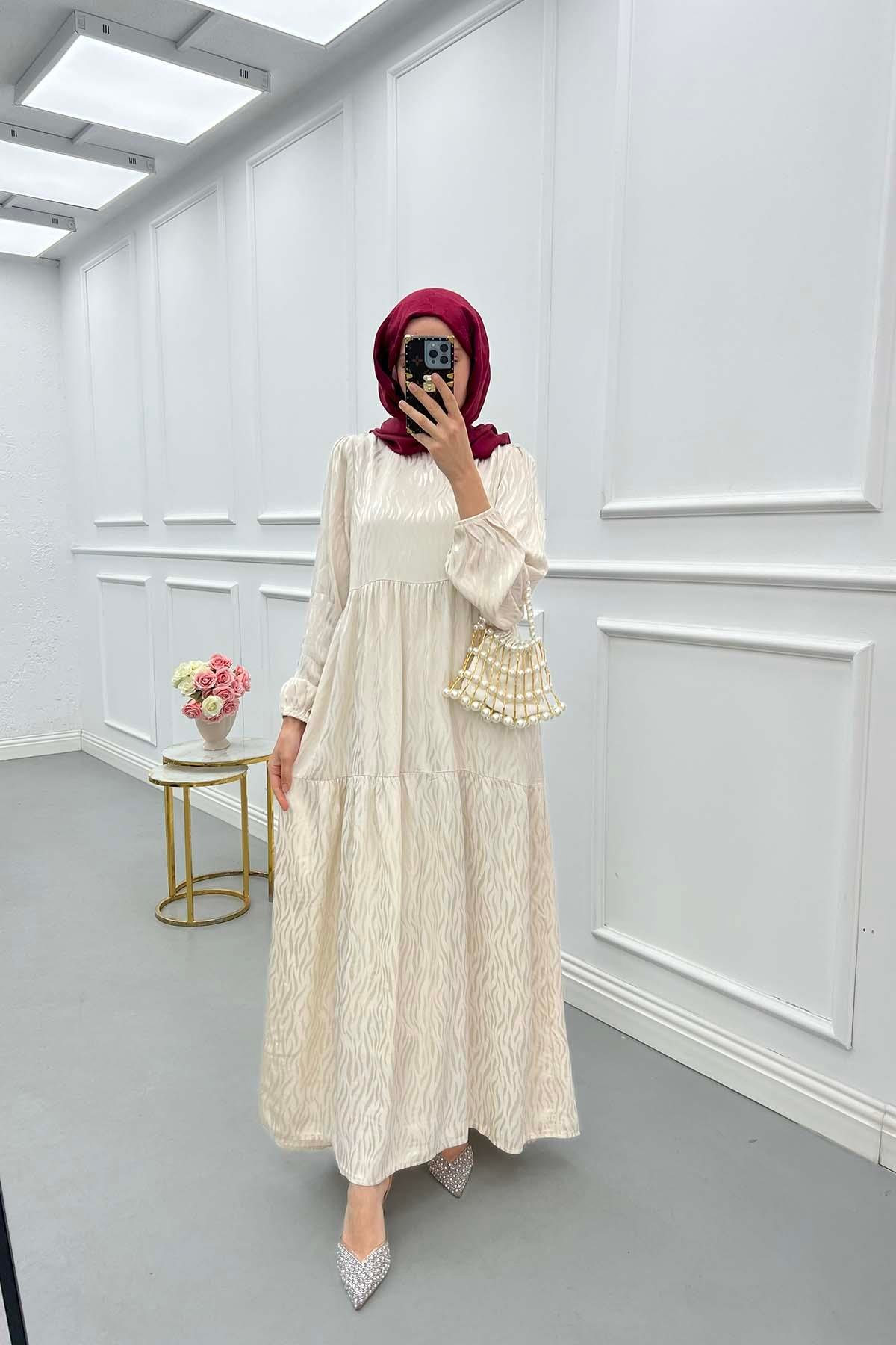 Sare Fashion Wave Pattern Jacquard Dress Ecru