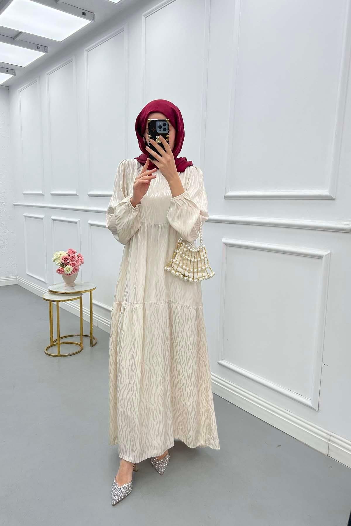 Sare Fashion Wave Pattern Jacquard Dress Ecru