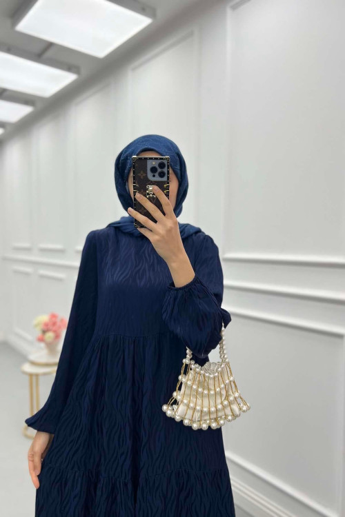 Sare Fashion Wave Pattern Jacquard Dress Navy Blue
