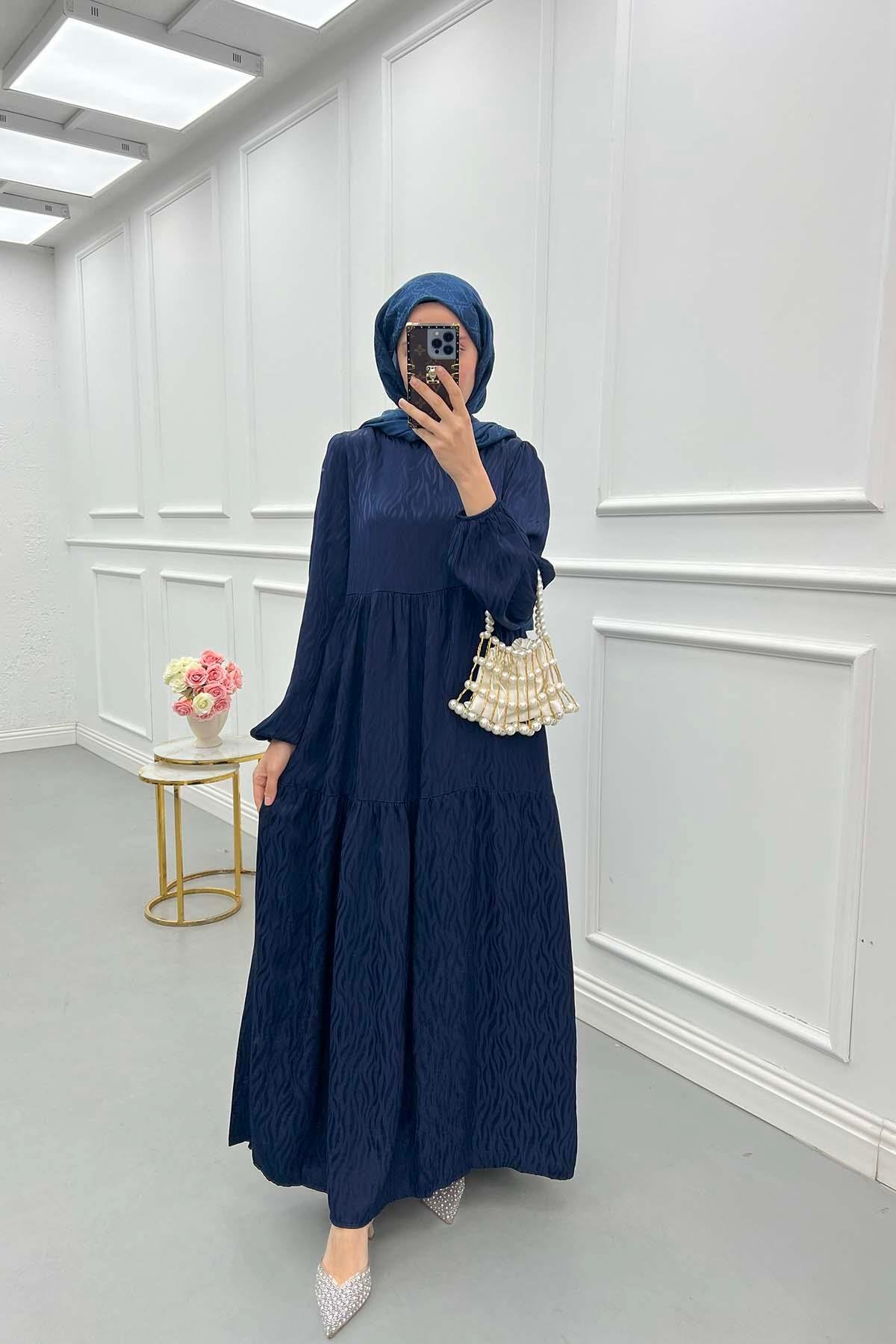 Sare Fashion Wave Pattern Jacquard Dress Navy Blue