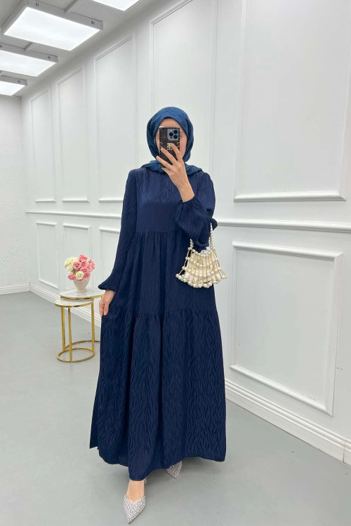 Sare Fashion Wave Pattern Jacquard Dress Navy Blue