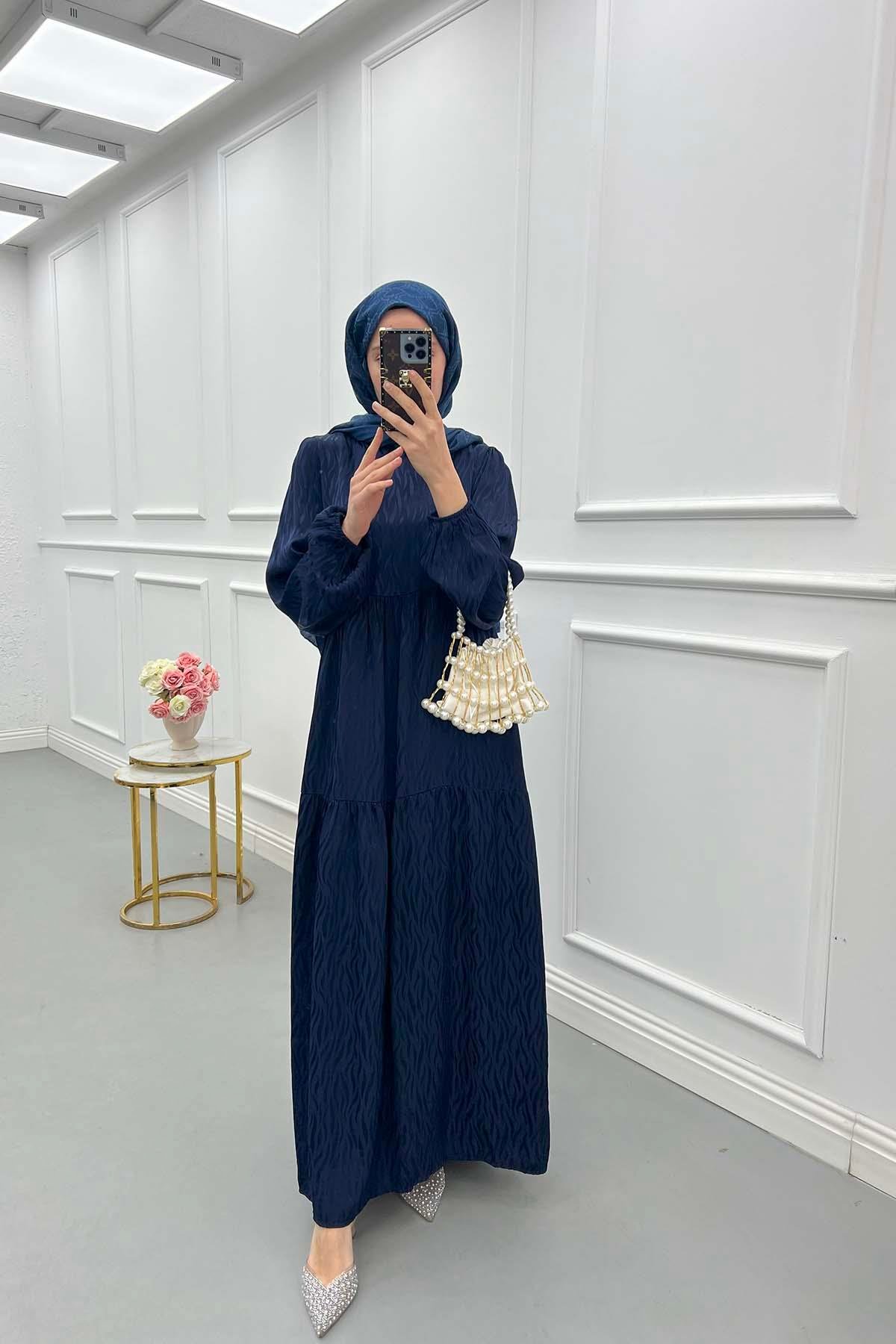 Sare Fashion Wave Pattern Jacquard Dress Navy Blue
