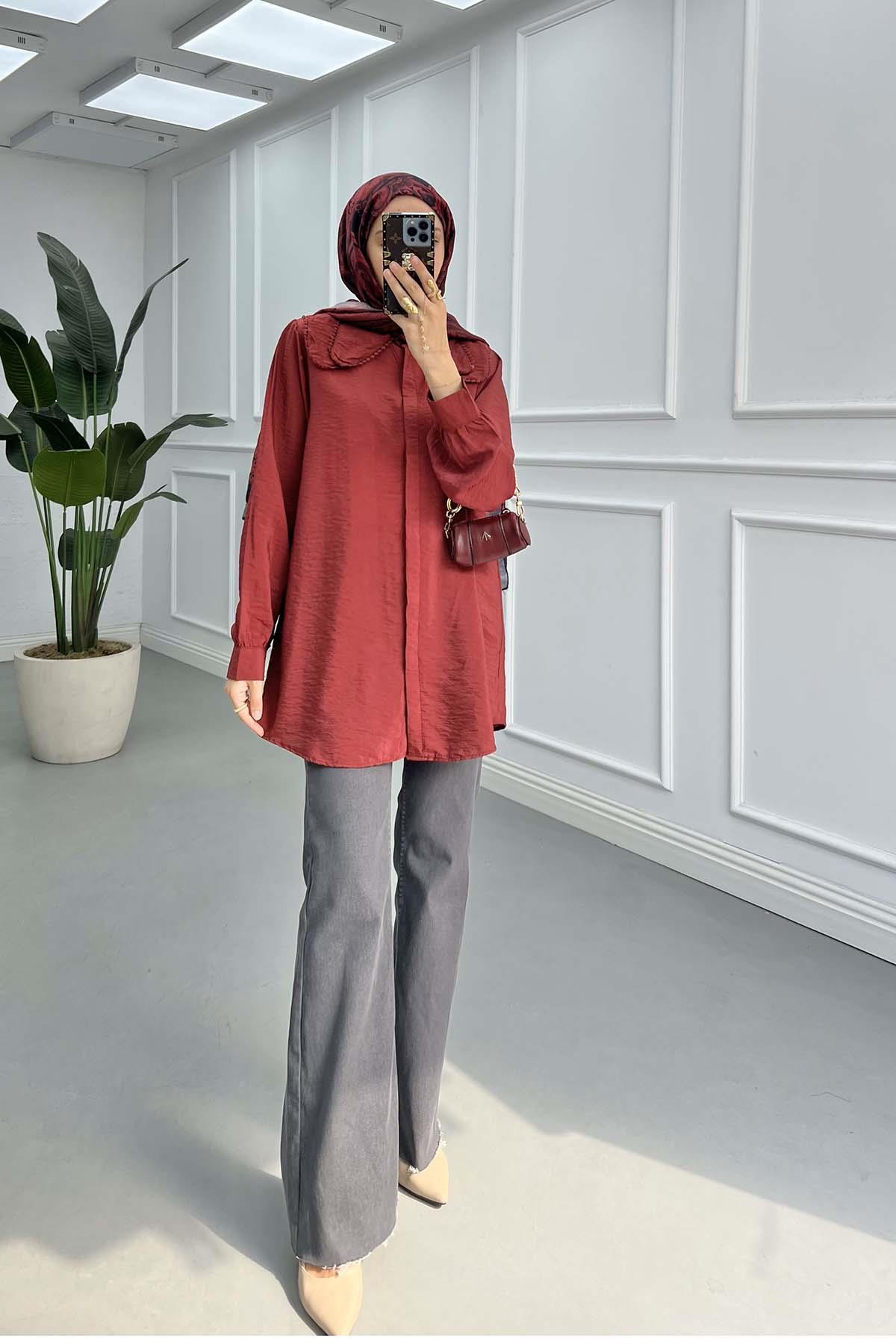 Sare Fashion Lace Detailed Baby Collar Shirt Claret Red