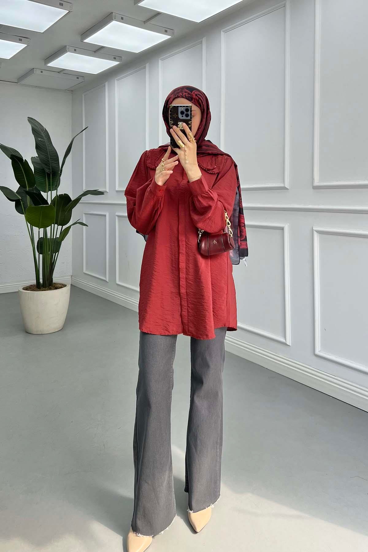 Sare Fashion Lace Detailed Baby Collar Shirt Claret Red