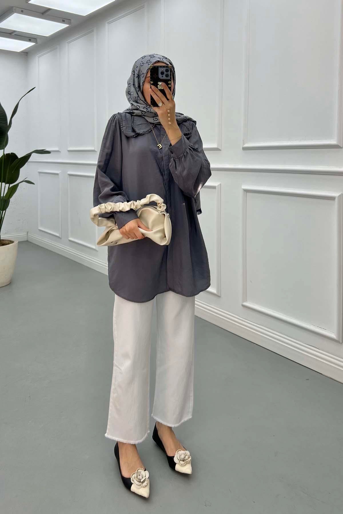 Sare Fashion Lace Detailed Baby Collar Shirt Gray
