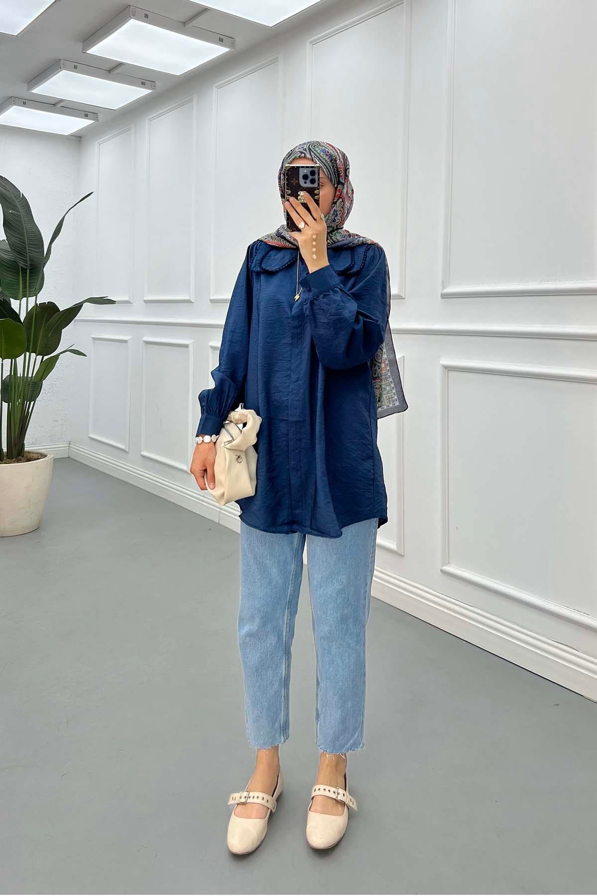 Sare Fashion Lace Detailed Baby Collar Shirt Navy Blue