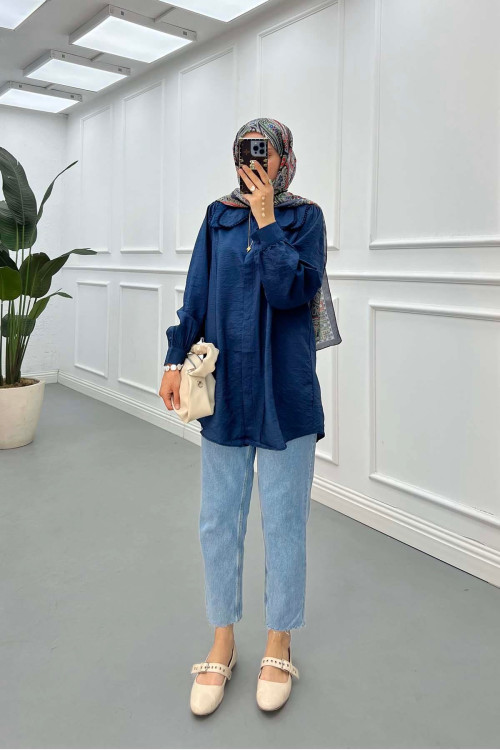 Sare Fashion Lace Detailed Baby Collar Shirt Navy Blue