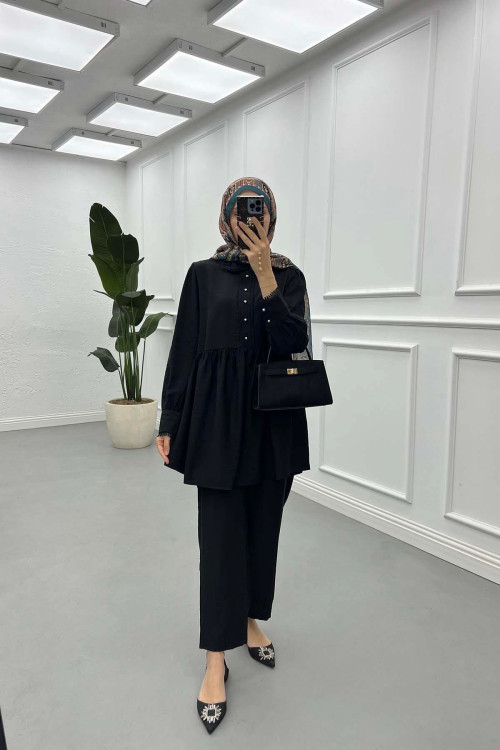 Sare Fashion Lace Detailed Baby Collar Trouser Suit Black