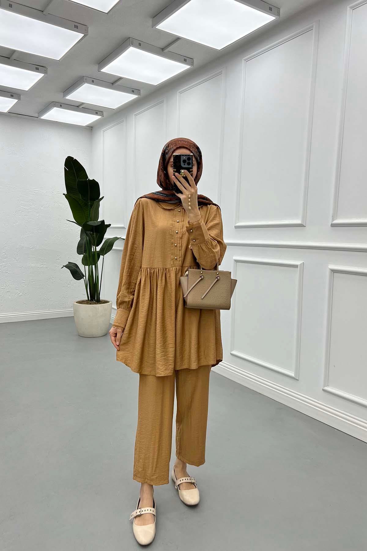 Sare Fashion Lace Detailed Baby Collar Trouser Suit Camel